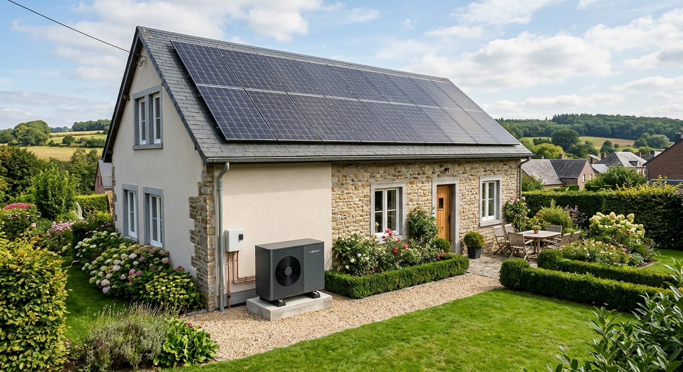 Maison unifamiliale en Wallonie rénovée avec panneaux solaires sur toiture et pompe à chaleur extérieure moderne dans un jardin soigné