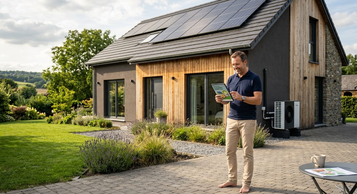 Propriétaire consultant le guide de rénovation énergétique sur tablette devant sa maison moderne bien isolée